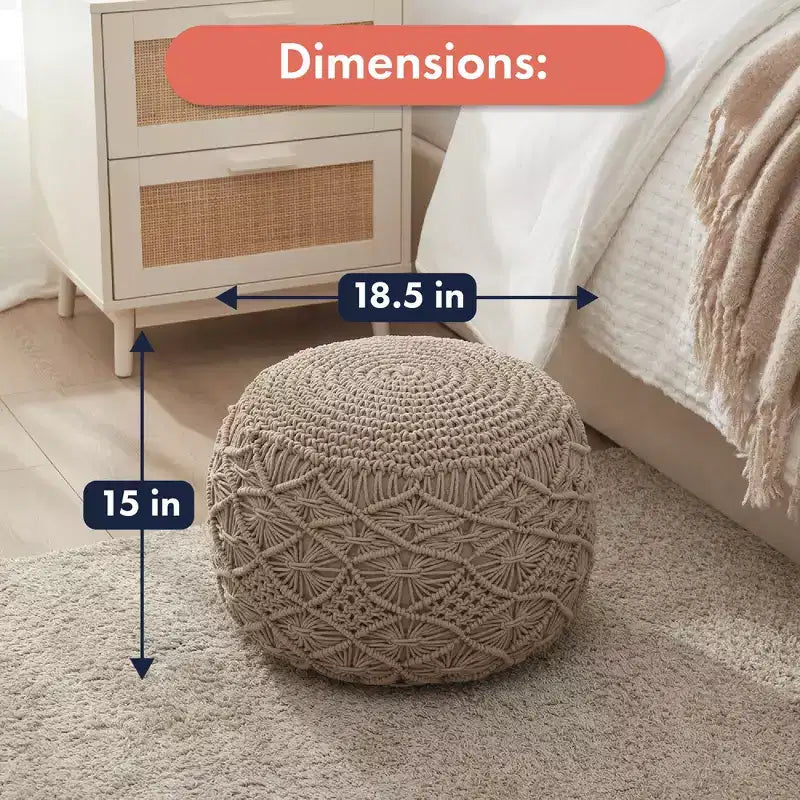 Cotton Macrame Braid Pouf Ottoman - 18.5 x 15