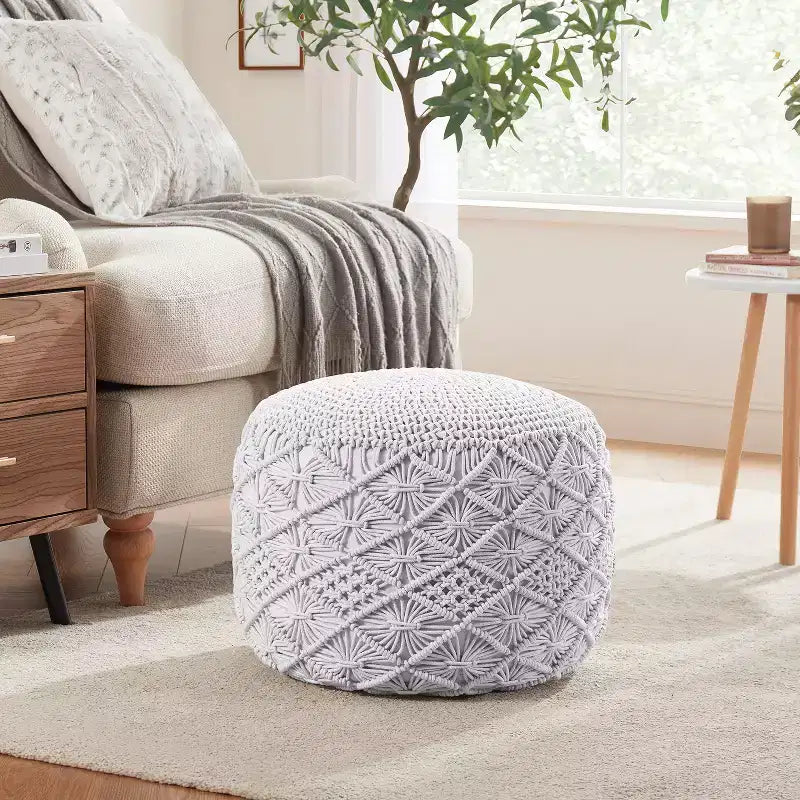 Cotton Macrame Braid Pouf Ottoman - 18.5 x 15