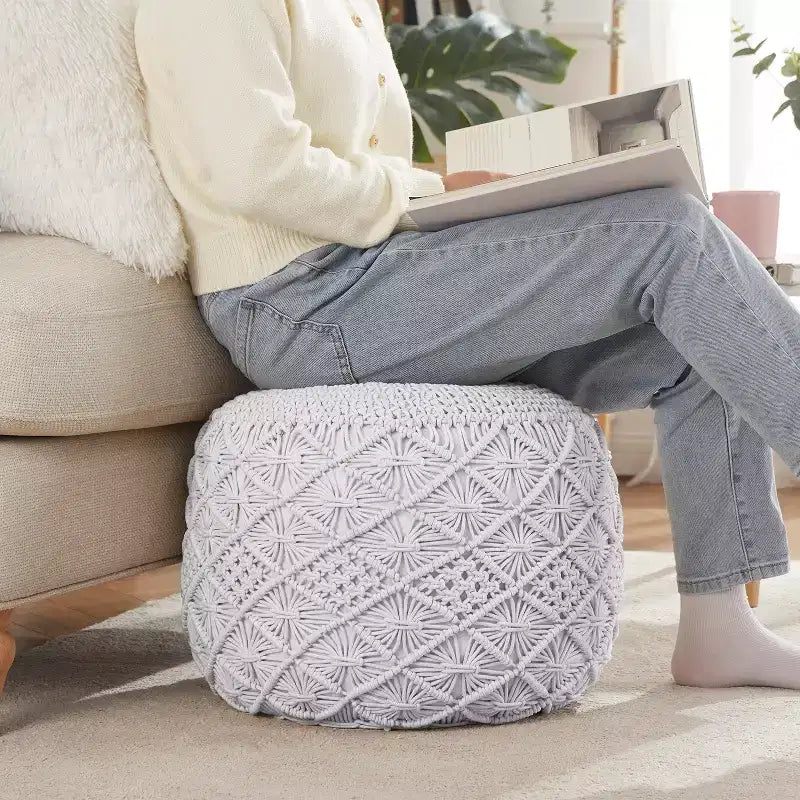 Cotton Macrame Braid Pouf Ottoman - 18.5 x 15
