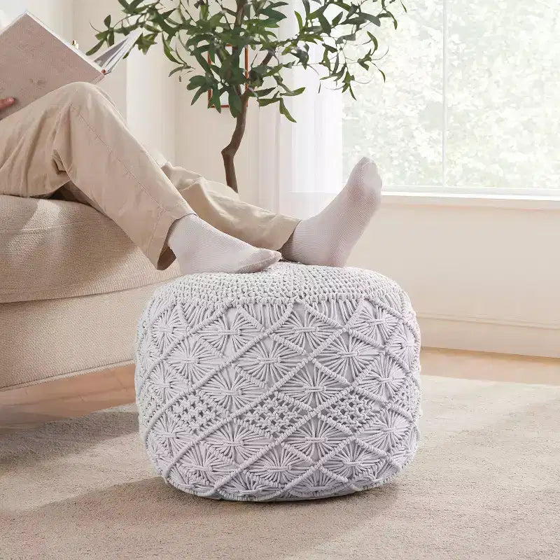 Cotton Macrame Braid Pouf Ottoman - 18.5 x 15