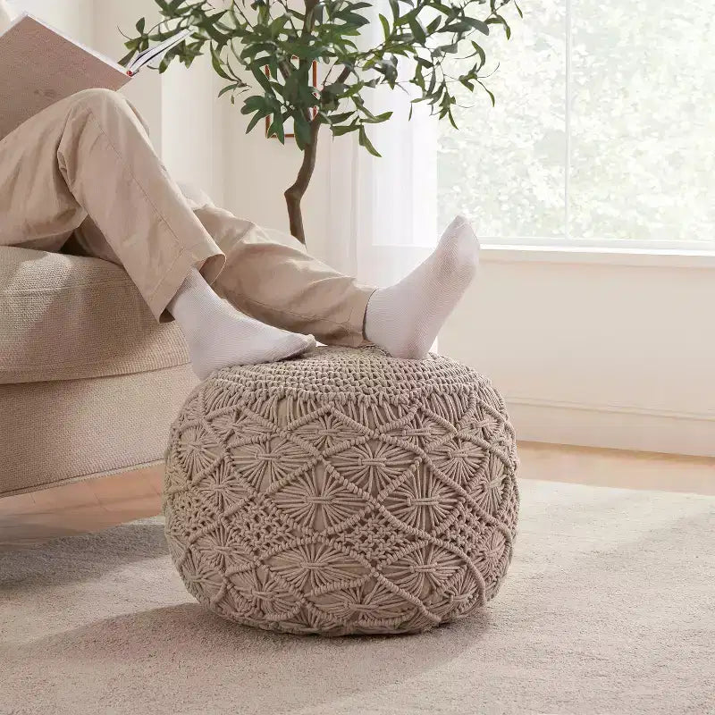 Cotton Macrame Braid Pouf Ottoman - 18.5 x 15