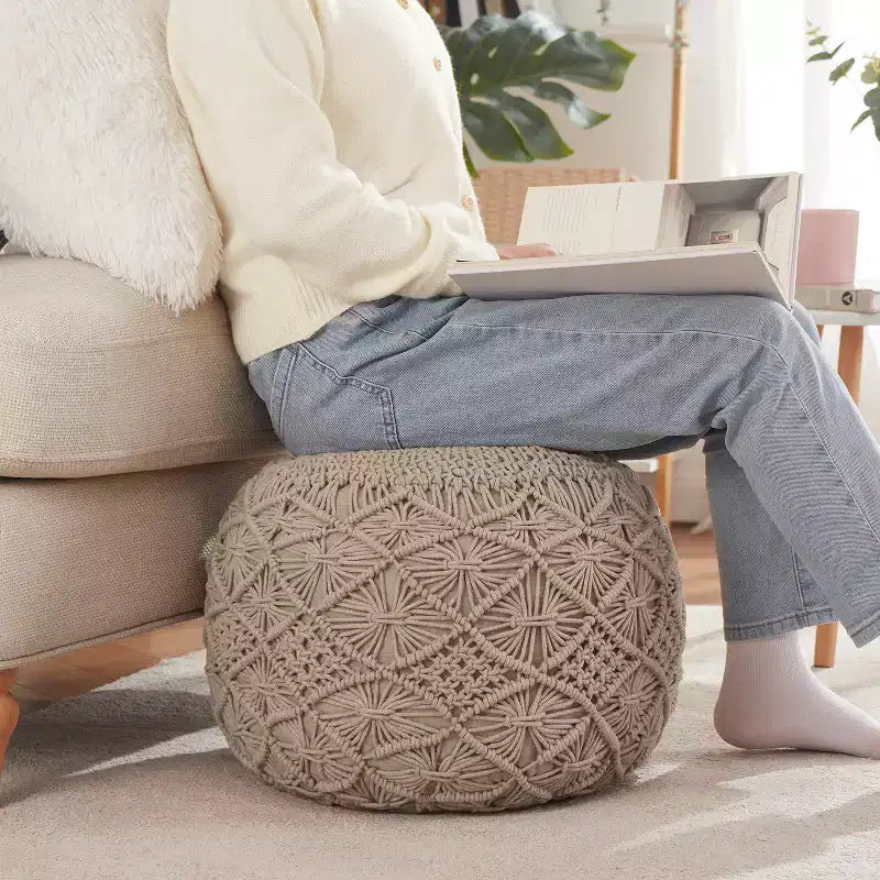Cotton Macrame Braid Pouf Ottoman - 18.5 x 15