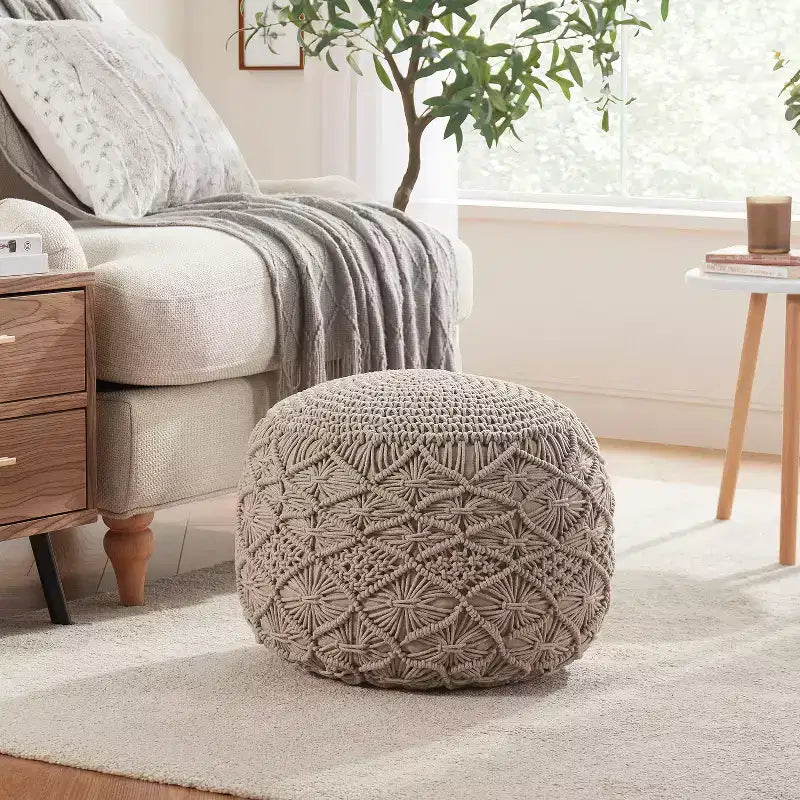 Cotton Macrame Braid Pouf Ottoman - 18.5 x 15