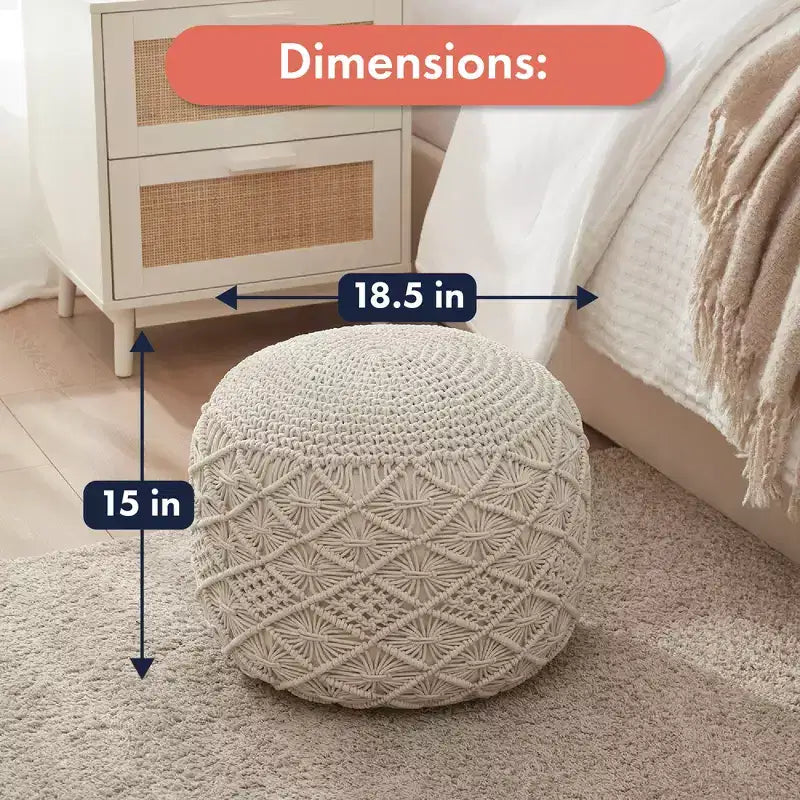 Cotton Macrame Braid Pouf Ottoman - 18.5 x 15