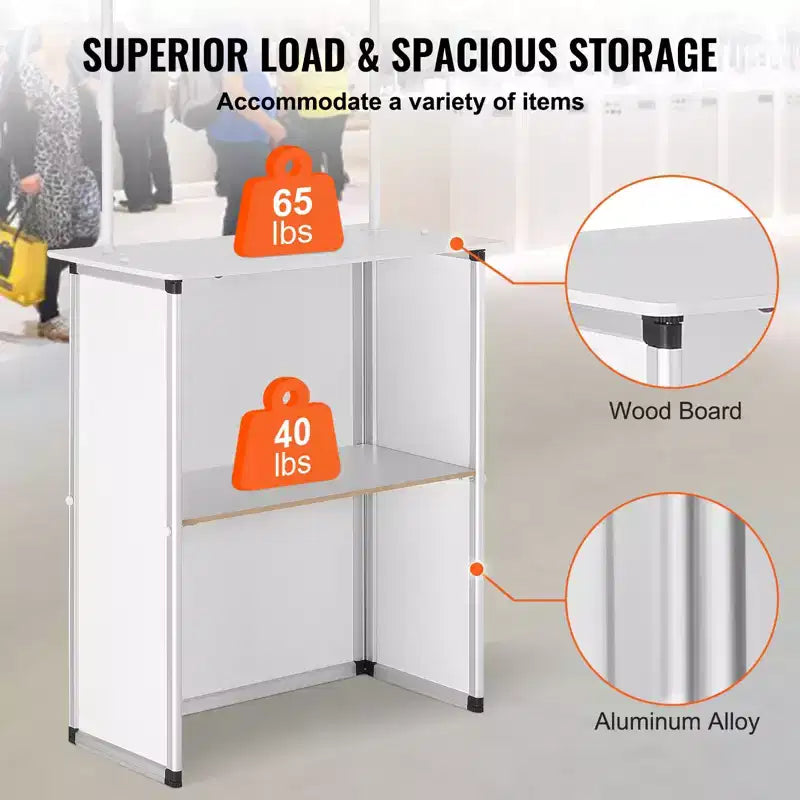 Portable Tradeshow Podium Counter Table, 30.91 x 14.96 x 71.46", Display Exhibition Counter Stand Booth, White