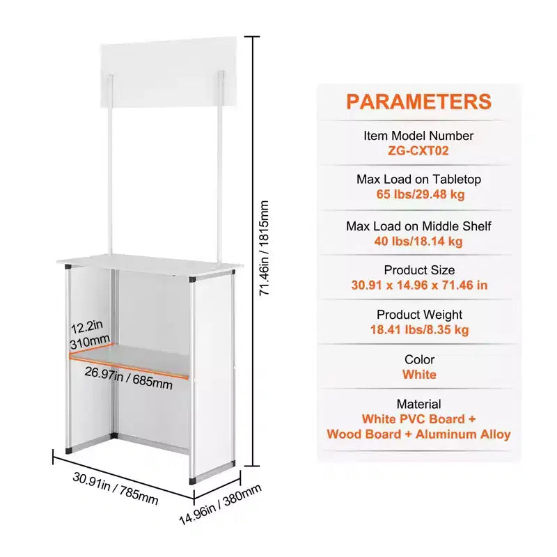 Portable Tradeshow Podium Counter Table, 30.91 x 14.96 x 71.46", Display Exhibition Counter Stand Booth, White