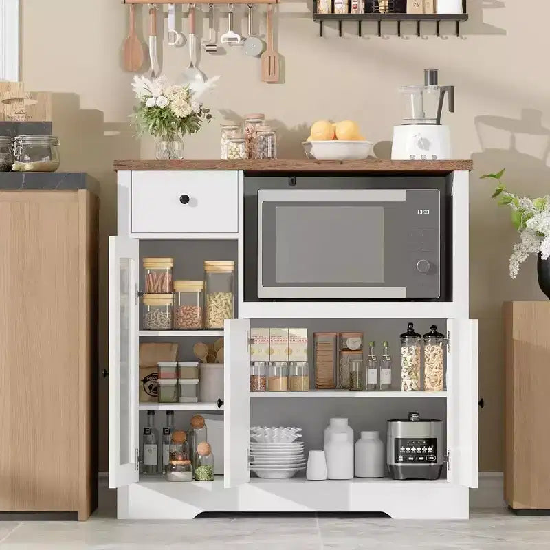 Kitchen Microwave Cabinet with 3 Doors, 1 Drawer & Adjustable Shelves, Buffet Sideboard Storage for Kitchen, Dining & Living Room
