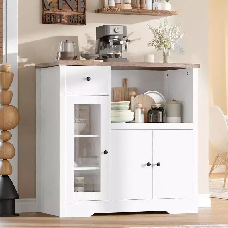Kitchen Microwave Cabinet with 3 Doors, 1 Drawer & Adjustable Shelves, Buffet Sideboard Storage for Kitchen, Dining & Living Room