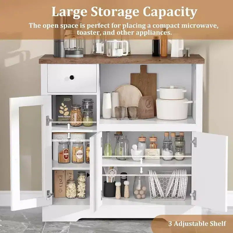 Kitchen Microwave Cabinet with 3 Doors, 1 Drawer & Adjustable Shelves, Buffet Sideboard Storage for Kitchen, Dining & Living Room