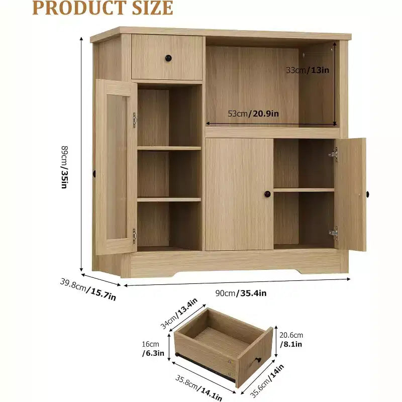 Kitchen Microwave Cabinet with 3 Doors, 1 Drawer & Adjustable Shelves, Buffet Sideboard Storage for Kitchen, Dining & Living Room