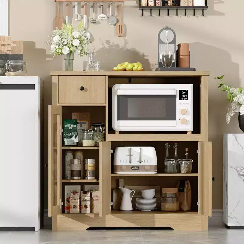 Kitchen Microwave Cabinet with 3 Doors, 1 Drawer & Adjustable Shelves, Buffet Sideboard Storage for Kitchen, Dining & Living Room
