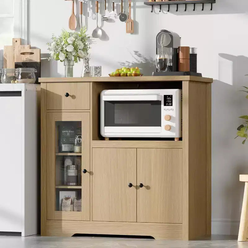 Kitchen Microwave Cabinet with 3 Doors, 1 Drawer & Adjustable Shelves, Buffet Sideboard Storage for Kitchen, Dining & Living Room