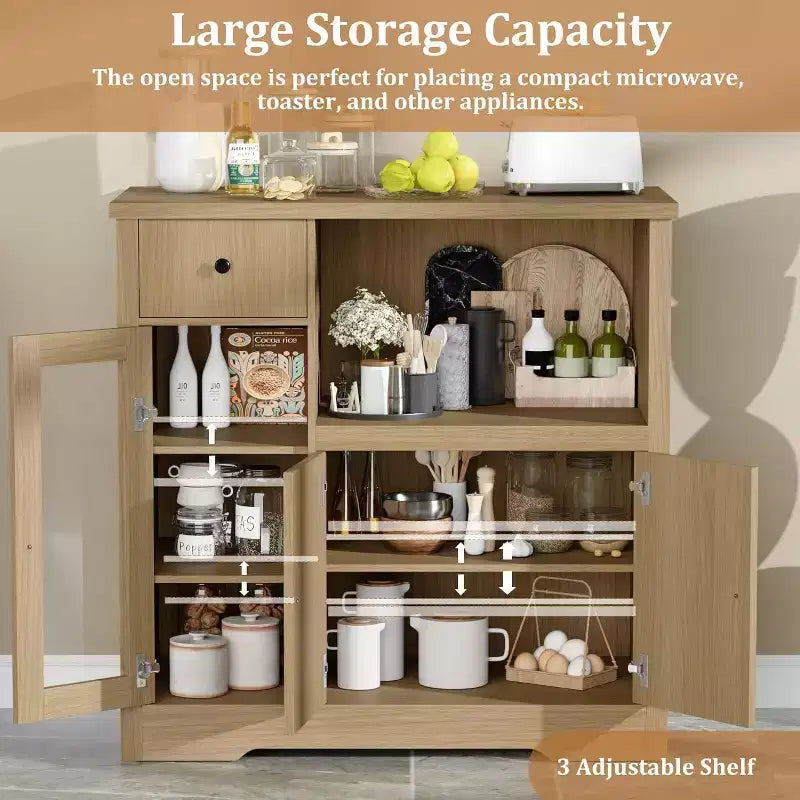 Kitchen Microwave Cabinet with 3 Doors, 1 Drawer & Adjustable Shelves, Buffet Sideboard Storage for Kitchen, Dining & Living Room