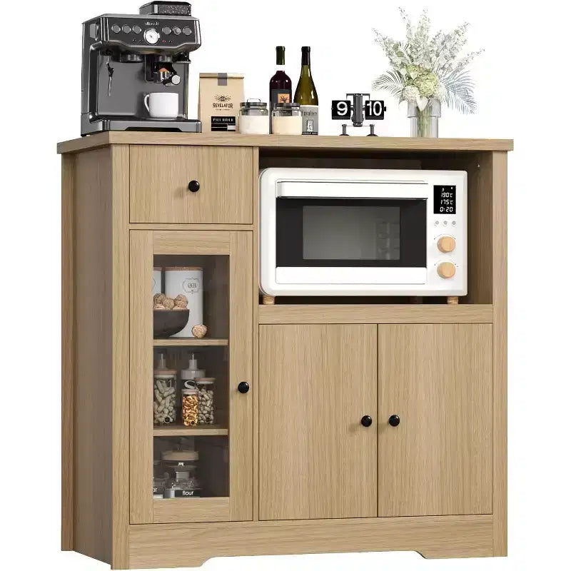Kitchen Microwave Cabinet with 3 Doors, 1 Drawer & Adjustable Shelves, Buffet Sideboard Storage for Kitchen, Dining & Living Room