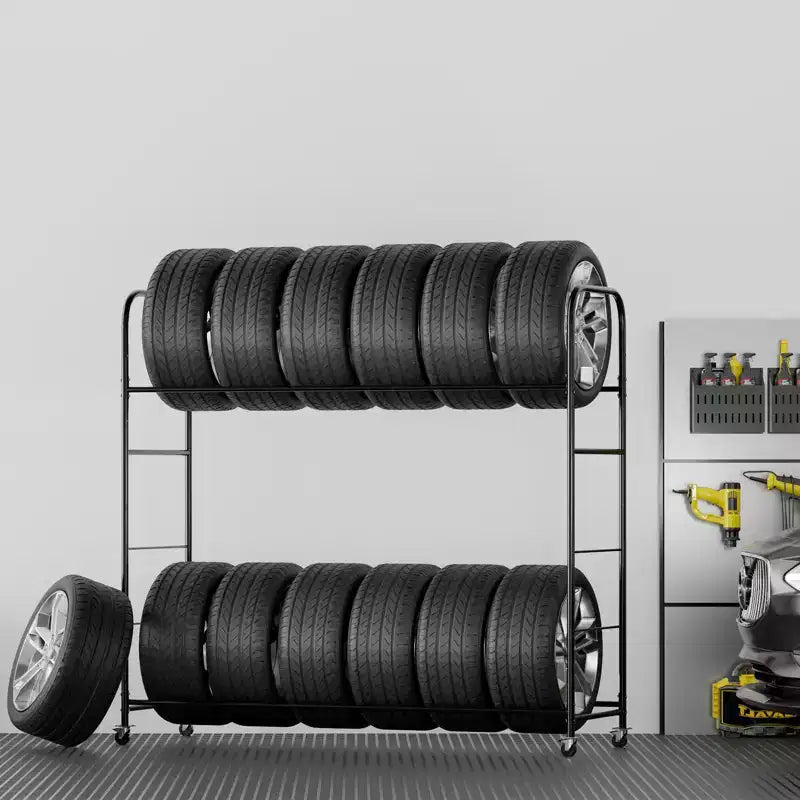 Rolling Tire Storage Rack, 2-Shelf Tire Holder and Transport Cart for Garage, Heavy-Duty Steel with Wheel, Black
