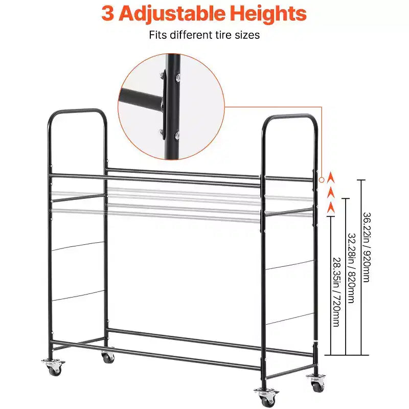 Rolling Tire Storage Rack, 2-Shelf Tire Holder and Transport Cart for Garage, Heavy-Duty Steel with Wheel, Black