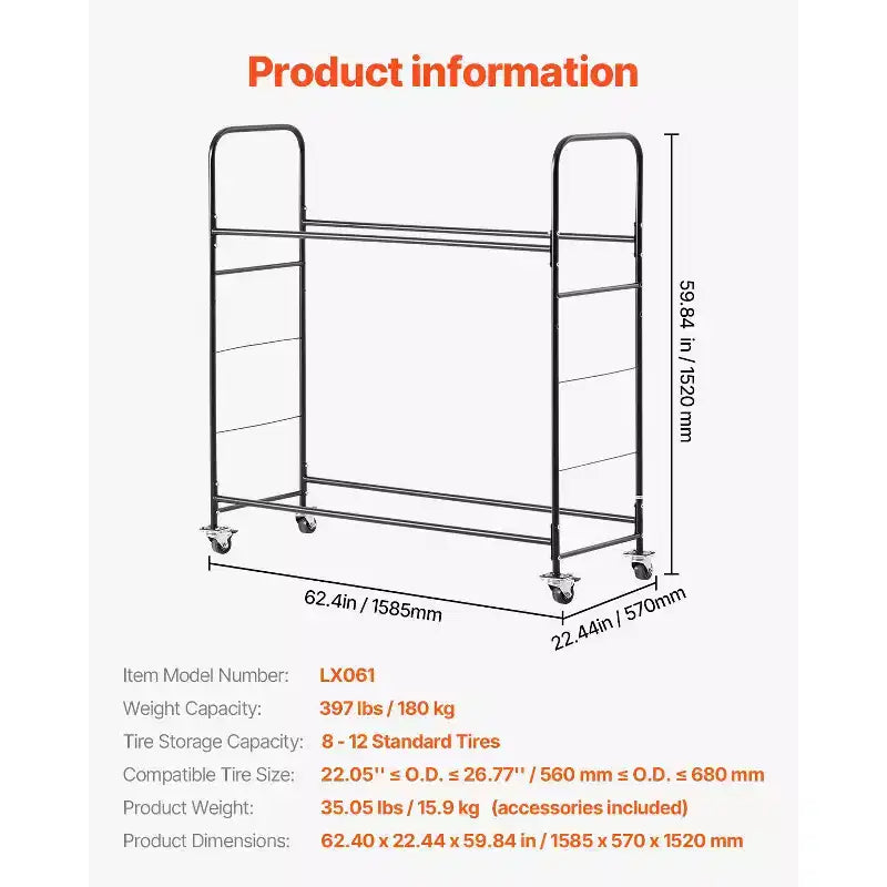 Rolling Tire Storage Rack, 2-Shelf Tire Holder and Transport Cart for Garage, Heavy-Duty Steel with Wheel, Black