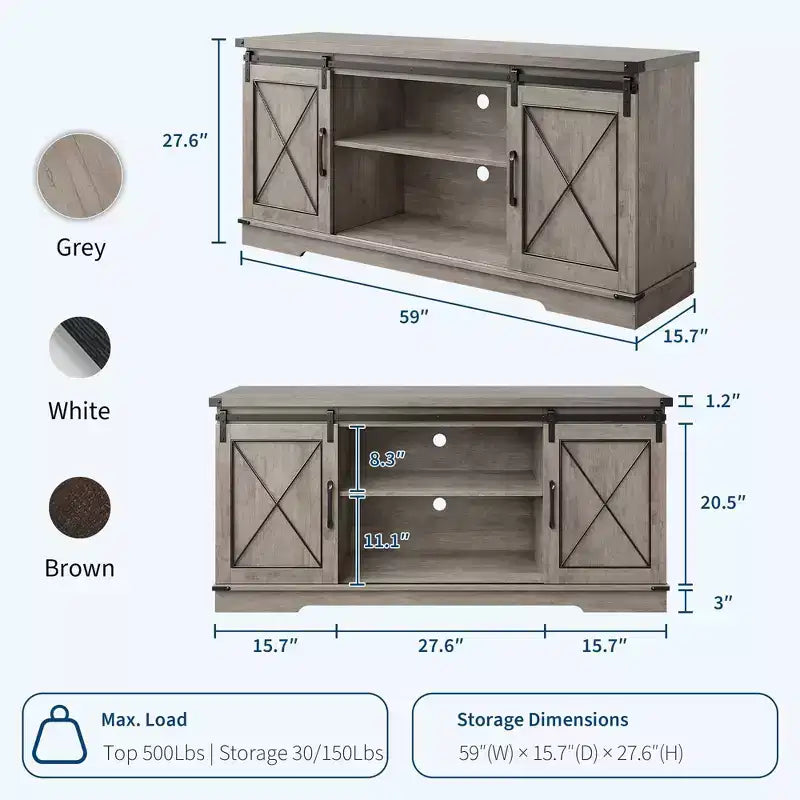 Farmhouse TV Stand for TVs up to 65", Entertainment Center with Sliding Barn Doors & Adjustable Shelf for Living Room