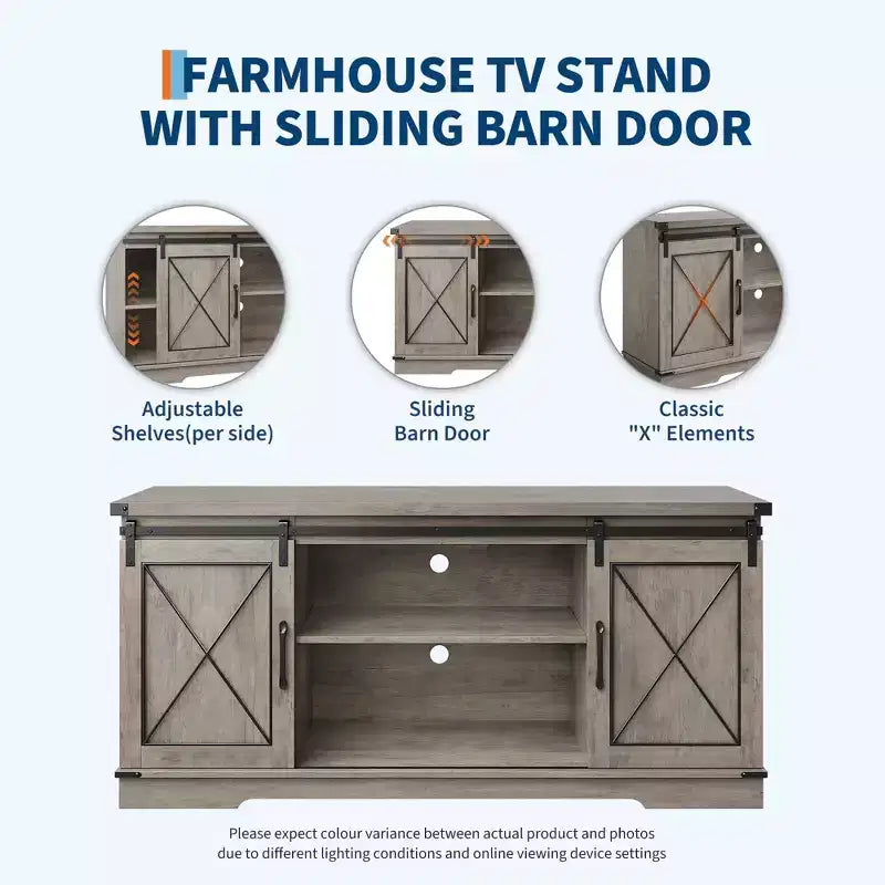 Farmhouse TV Stand for TVs up to 65", Entertainment Center with Sliding Barn Doors & Adjustable Shelf for Living Room