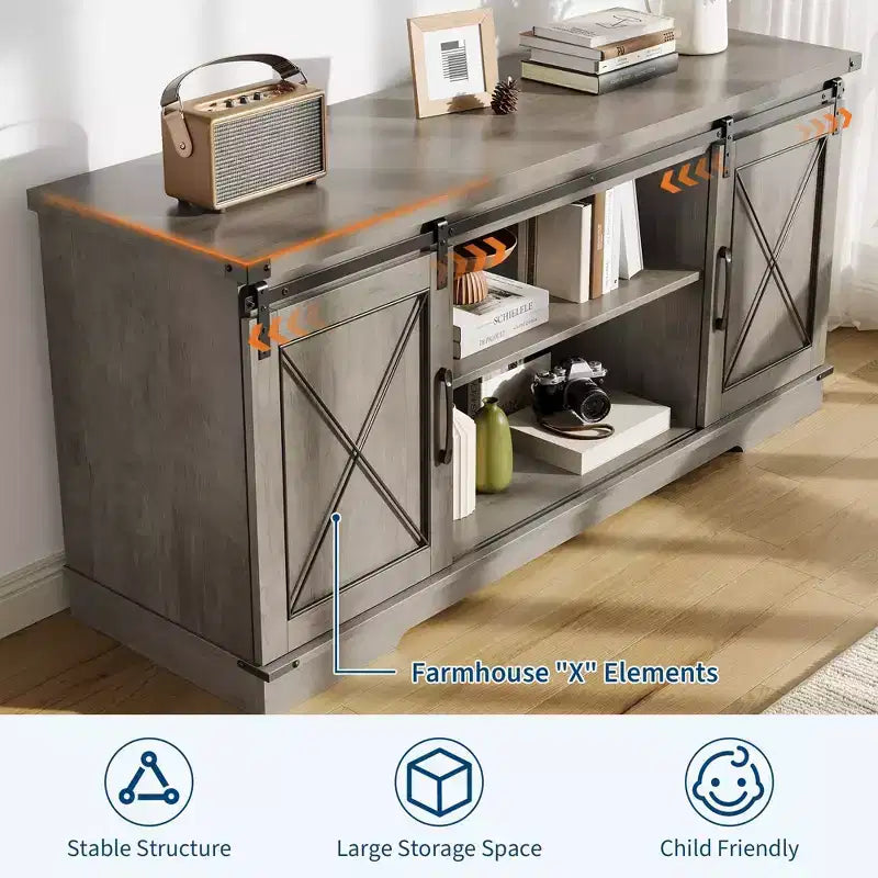 Farmhouse TV Stand for TVs up to 65", Entertainment Center with Sliding Barn Doors & Adjustable Shelf for Living Room