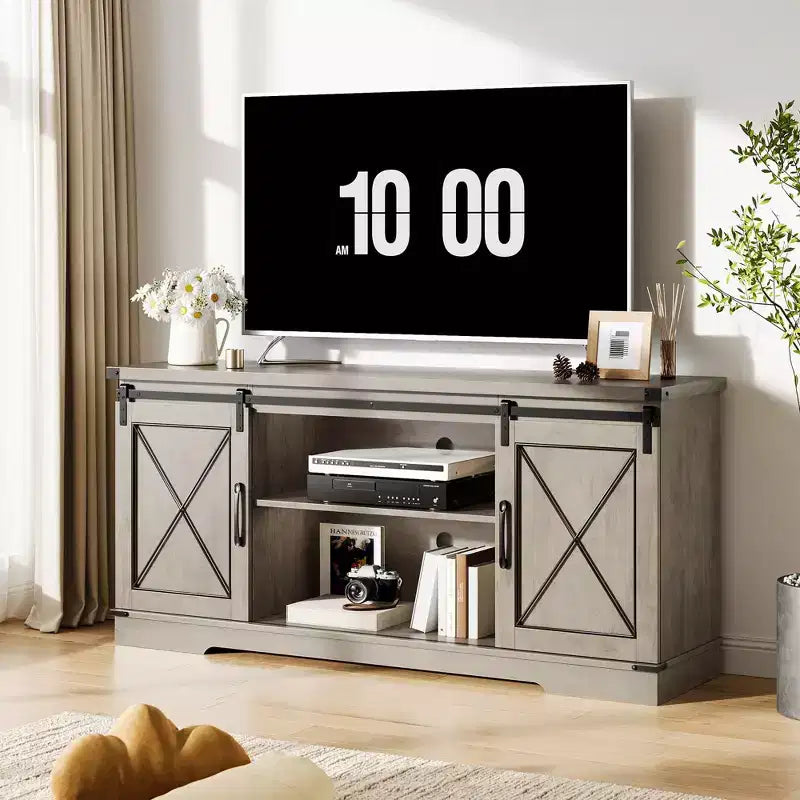 Farmhouse TV Stand for TVs up to 65", Entertainment Center with Sliding Barn Doors & Adjustable Shelf for Living Room