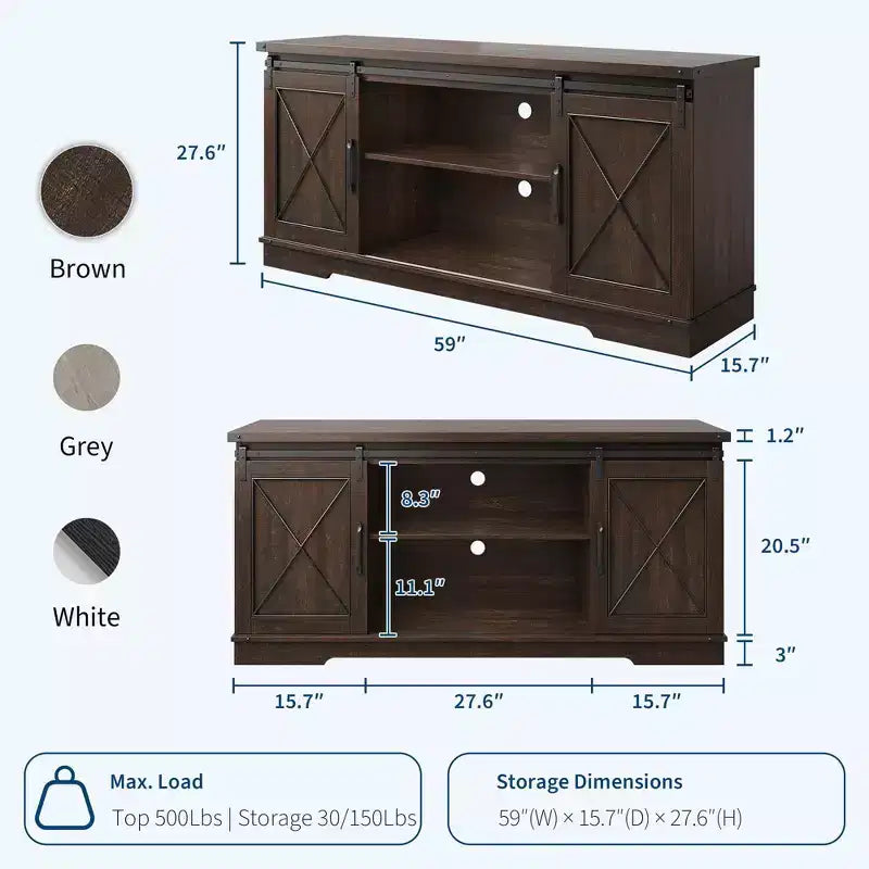 Farmhouse TV Stand for TVs up to 65", Entertainment Center with Sliding Barn Doors & Adjustable Shelf for Living Room