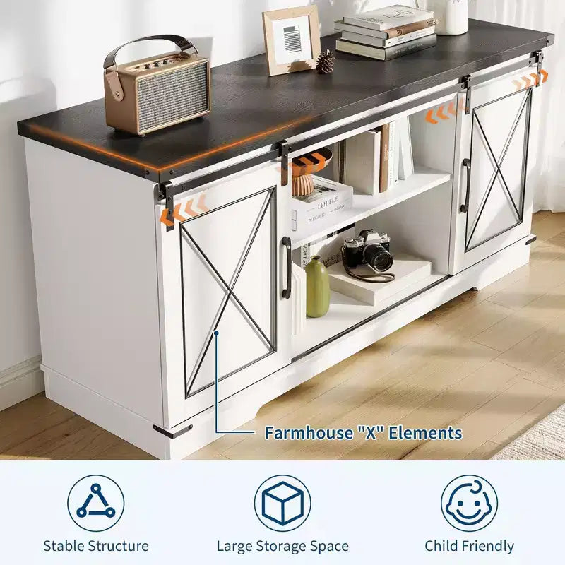 Farmhouse TV Stand for TVs up to 65", Entertainment Center with Sliding Barn Doors & Adjustable Shelf for Living Room