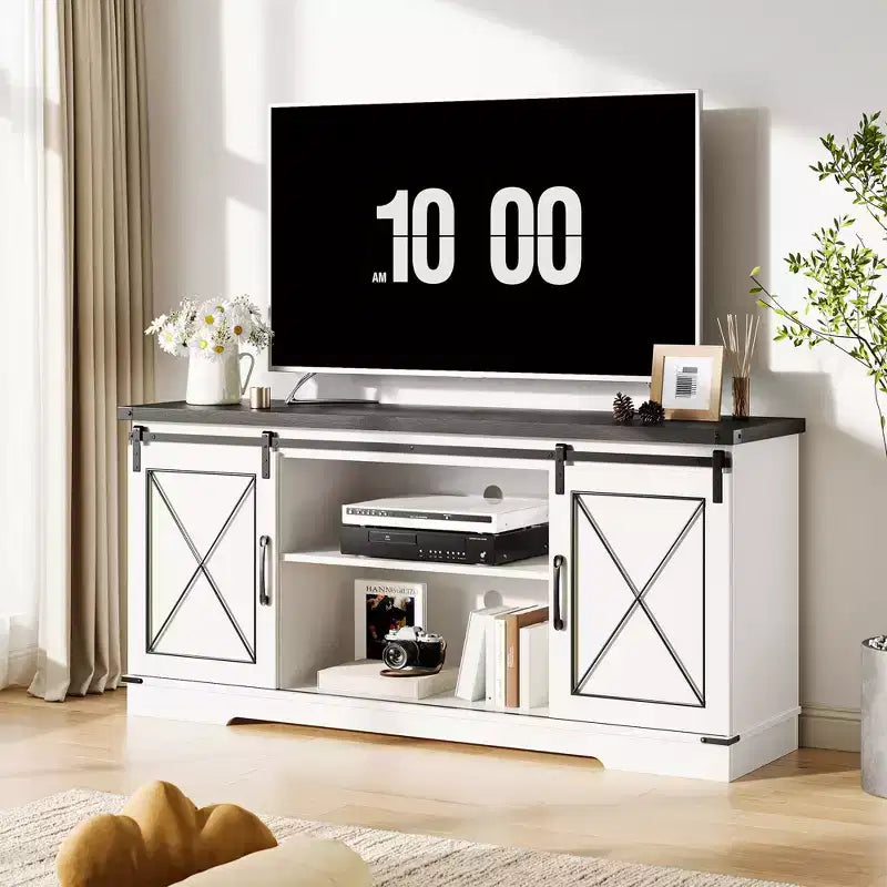 Farmhouse TV Stand for TVs up to 65", Entertainment Center with Sliding Barn Doors & Adjustable Shelf for Living Room