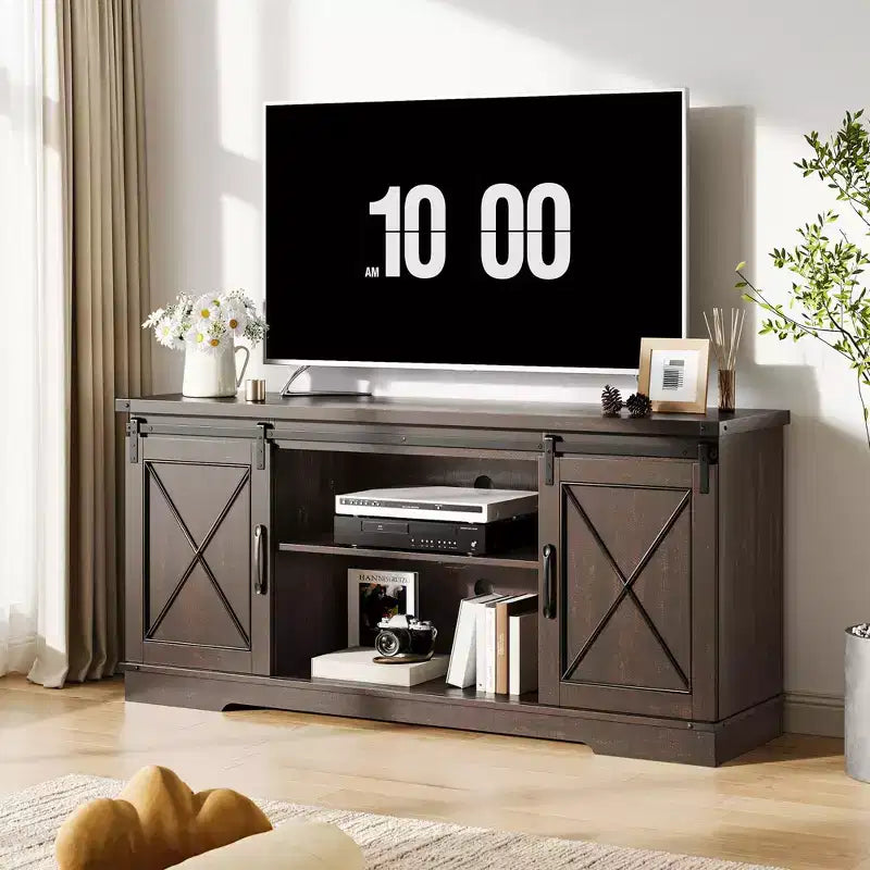 Farmhouse TV Stand for TVs up to 65", Entertainment Center with Sliding Barn Doors & Adjustable Shelf for Living Room