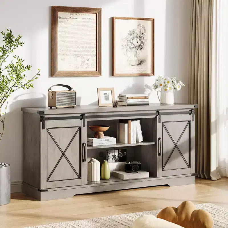 Meuble TV de style rustique pour téléviseurs jusqu'à 65", meuble de divertissement avec portes coulissantes et étagère réglable pour salon