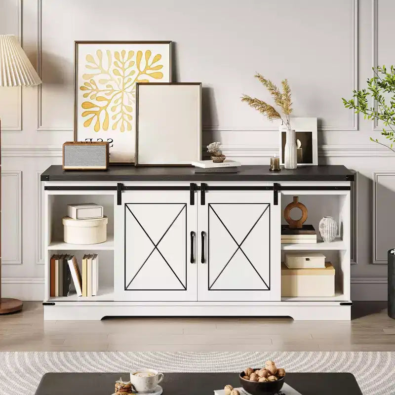 Meuble TV de style rustique pour téléviseurs jusqu'à 65", meuble de divertissement avec portes coulissantes et étagère réglable pour salon