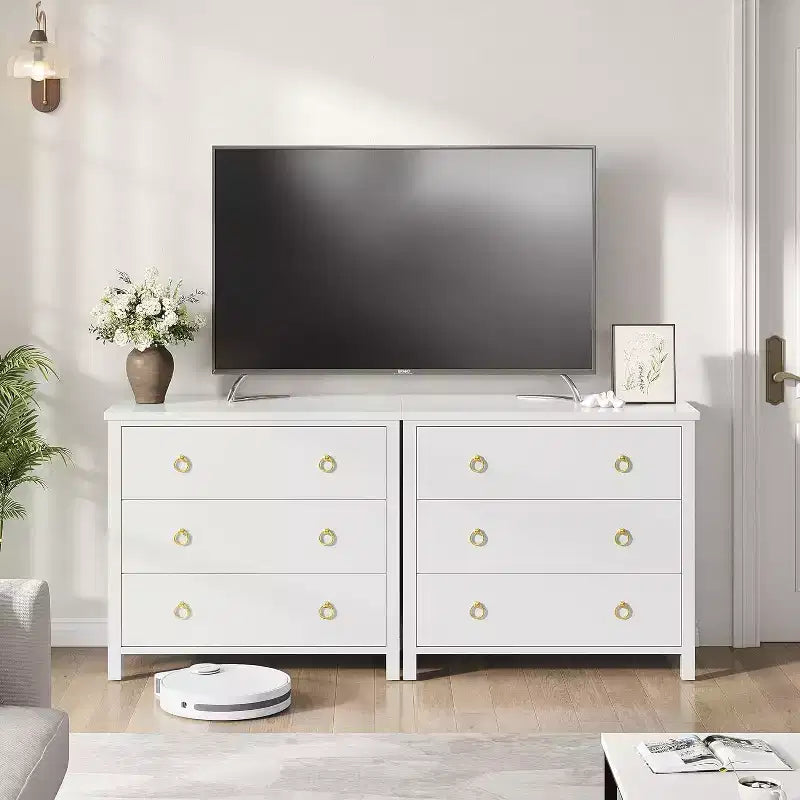 Modern Wide Drawer Dresser with Drawers, Wooden Dressers of Drawers Freestanding for Bedroom, Nursery, Living Room, White