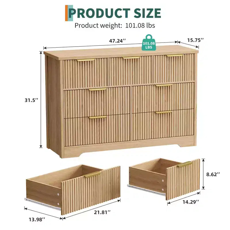 Fluted Dresser for Bedroom with 7 Drawers, 47.24 Modern Dressers for Bedroom