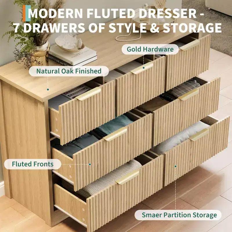 Fluted Dresser for Bedroom with 7 Drawers, 47.24 Modern Dressers for Bedroom