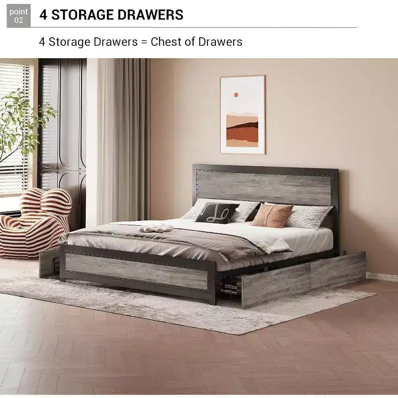 Bed Frame with Four Storage Drawers, Platform Bed with Headboard & Riveted Decoration, Metal Slat Frame