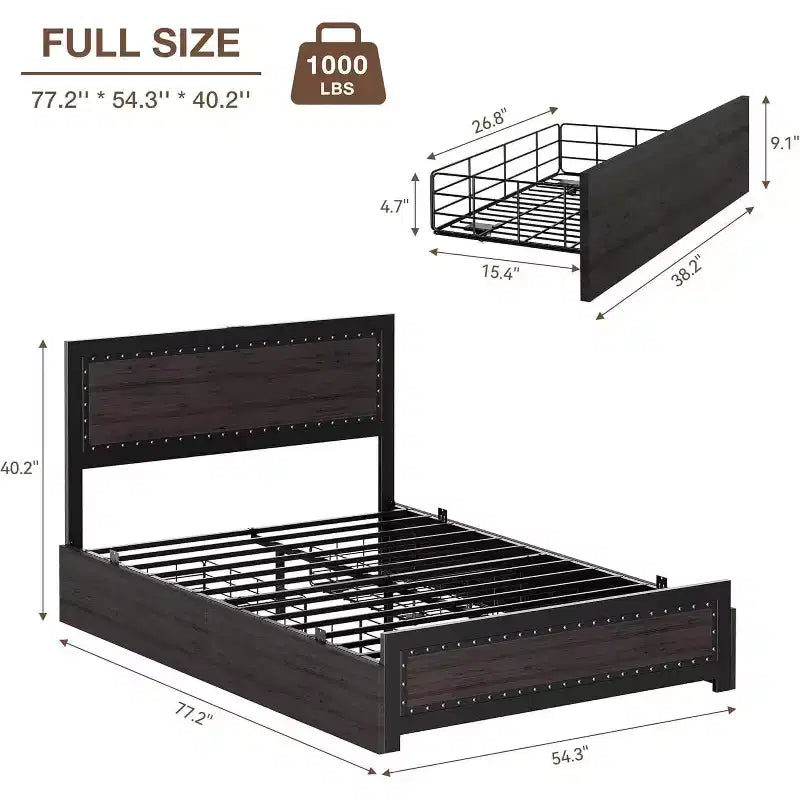 Bed Frame with Four Storage Drawers, Platform Bed with Headboard & Riveted Decoration, Metal Slat Frame