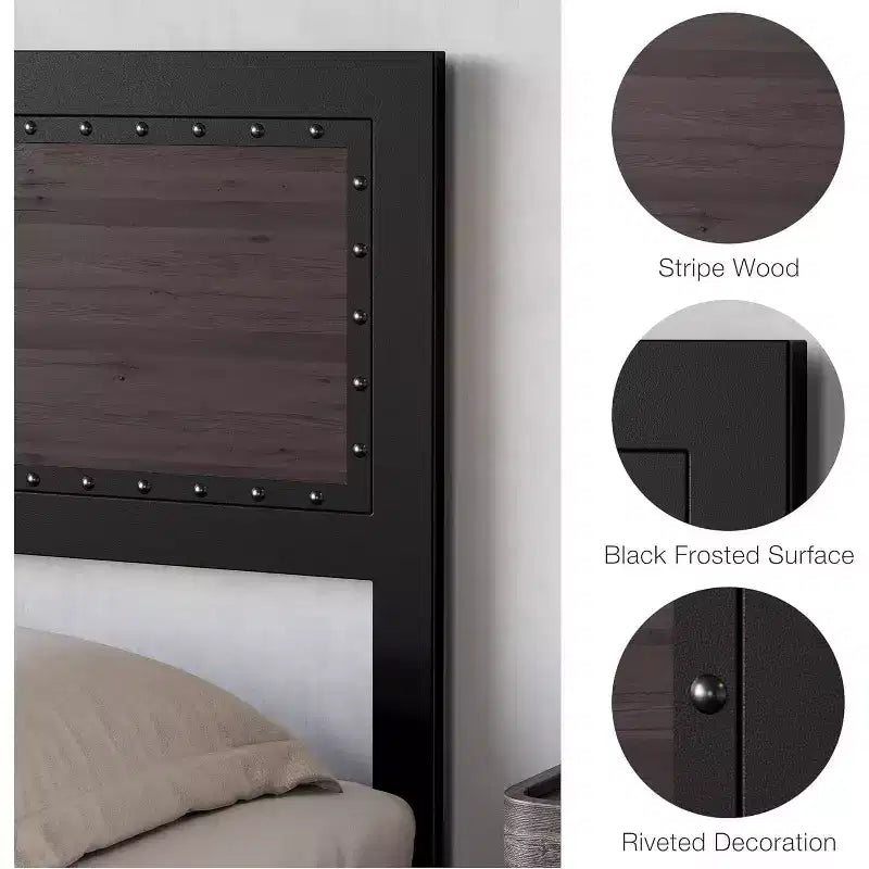 Bed Frame with Four Storage Drawers, Platform Bed with Headboard & Riveted Decoration, Metal Slat Frame