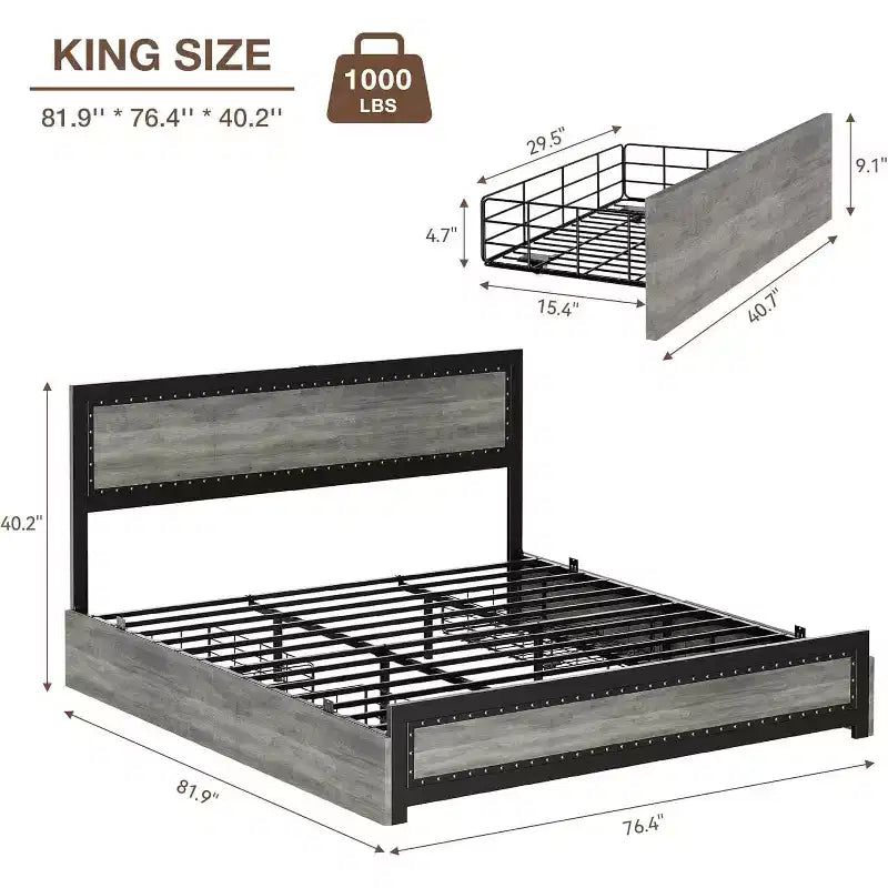Bed Frame with Four Storage Drawers, Platform Bed with Headboard & Riveted Decoration, Metal Slat Frame