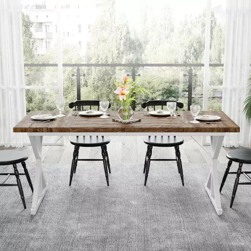 Farmhouse Dining Table for 6 People, 70.8" Rectangular Wood Dining Table with Heavy Duty Metal Legs