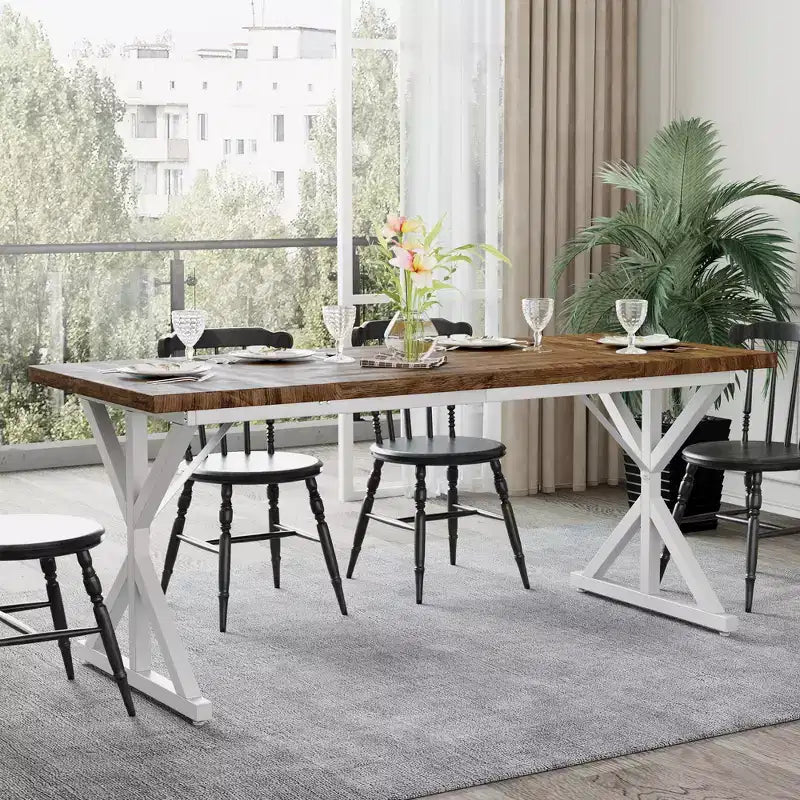 Farmhouse Dining Table for 6 People, 70.8" Rectangular Wood Dining Table with Heavy Duty Metal Legs