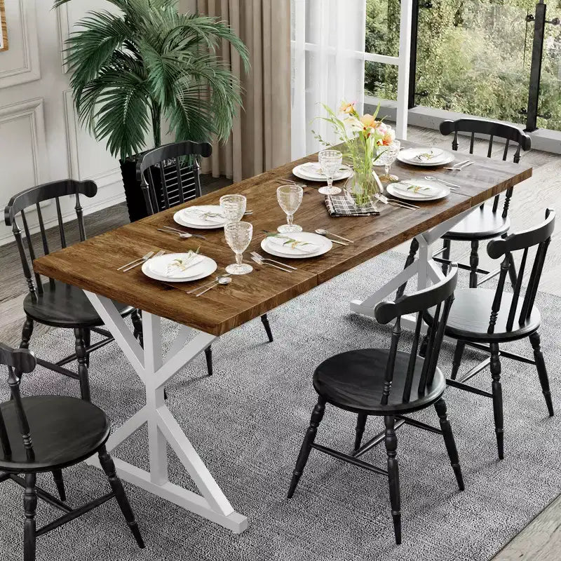 Farmhouse Dining Table for 6 People, 70.8" Rectangular Wood Dining Table with Heavy Duty Metal Legs