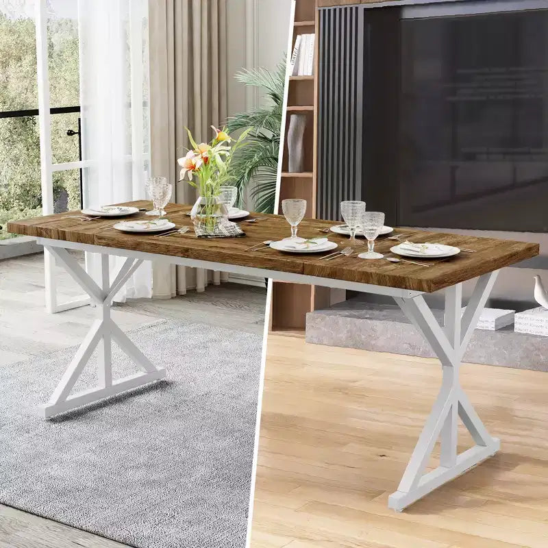 Farmhouse Dining Table for 6 People, 70.8" Rectangular Wood Dining Table with Heavy Duty Metal Legs