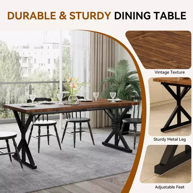 Farmhouse Dining Table for 6 People, 70.8" Rectangular Wood Dining Table with Heavy Duty Metal Legs