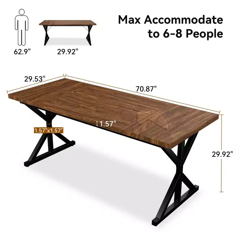 Farmhouse Dining Table for 6 People, 70.8" Rectangular Wood Dining Table with Heavy Duty Metal Legs