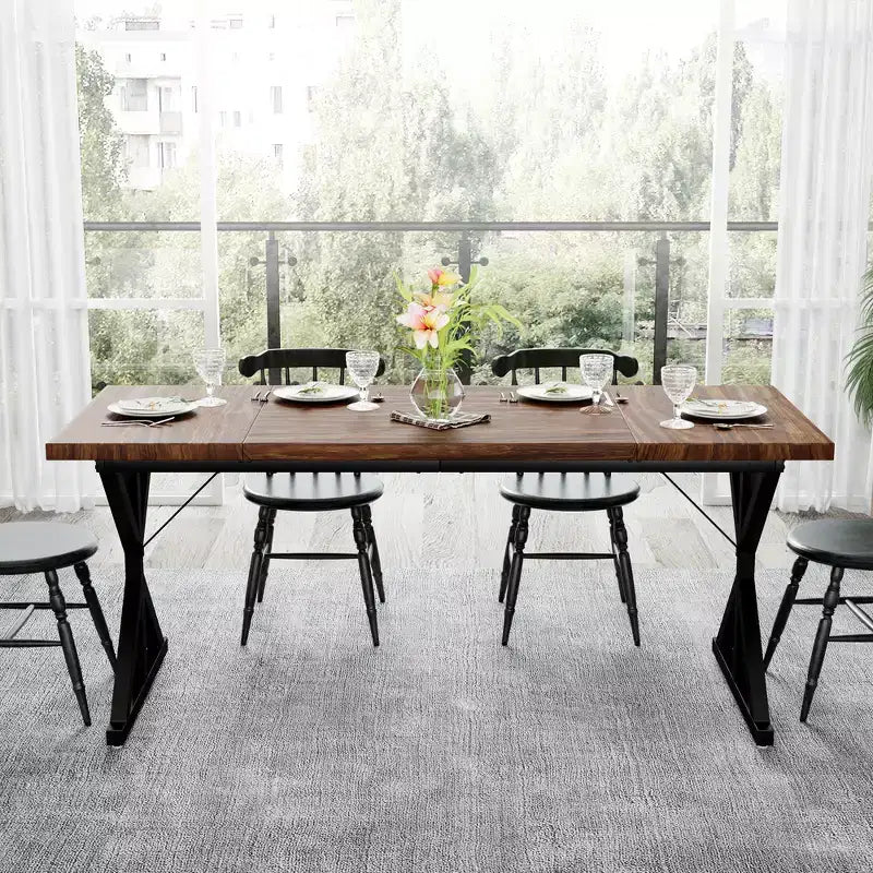 Farmhouse Dining Table for 6 People, 70.8" Rectangular Wood Dining Table with Heavy Duty Metal Legs