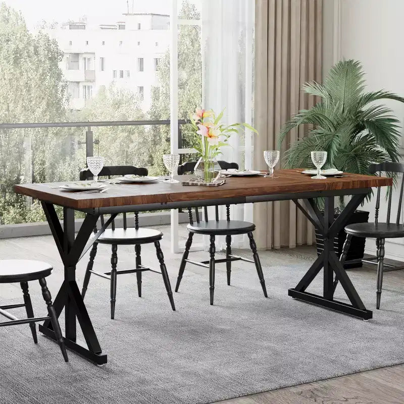 Farmhouse Dining Table for 6 People, 70.8" Rectangular Wood Dining Table with Heavy Duty Metal Legs