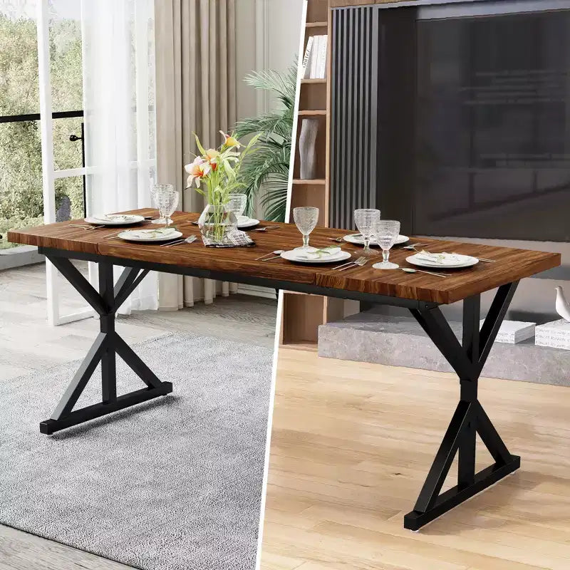 Farmhouse Dining Table for 6 People, 70.8" Rectangular Wood Dining Table with Heavy Duty Metal Legs