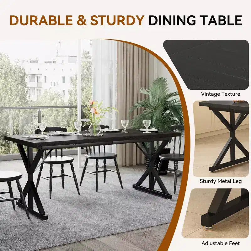 Farmhouse Dining Table for 6 People, 70.8" Rectangular Wood Dining Table with Heavy Duty Metal Legs
