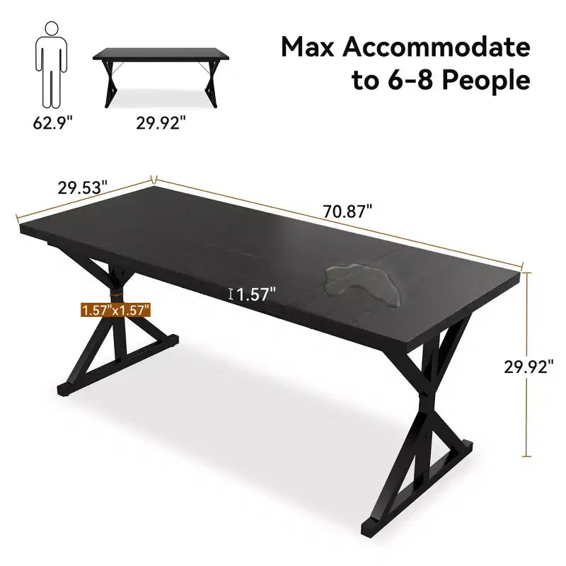 Farmhouse Dining Table for 6 People, 70.8" Rectangular Wood Dining Table with Heavy Duty Metal Legs