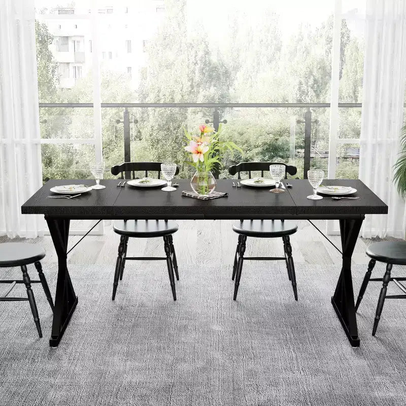 Farmhouse Dining Table for 6 People, 70.8" Rectangular Wood Dining Table with Heavy Duty Metal Legs
